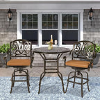 VIVIJASON 3-Piece Patio Swivel Bar Stools Set, All Weather Cast Aluminum Outdoor Bar Height Bistro Set with 2 Cushioned Bar Chairs & 35.4" High Bar Table w/Umbrella Hole for Backyard, Lawn, Garden