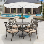 VINGLI 5-Piece Outdoor Patio Dining Set, Cast Aluminum All-Weather Outdoor Table and Chairs w/Cushion, Outdoor Furniture Set w/Umbrella Hole for Backyard Deck Poolside (Round, Elizabeth Back)