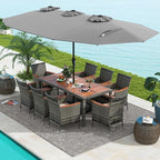 Tangkula 10 Pieces Patio Wicker Dining Set w/Double-Sided Patio Umbrella, Outdoor Acacia Wood Furniture Set w/ 8 Armchairs, 71” Dining Table & 15 ft Umbrella with Weighted Base (Gray)