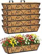 Y&M 24 Inch Window Deck with Coco Liner, Fence Metal Hanging Flower Planter Window Basket Deck Railing Planter Boxes for Outdoor Garden Lawn-Butterfly, 6pcs
