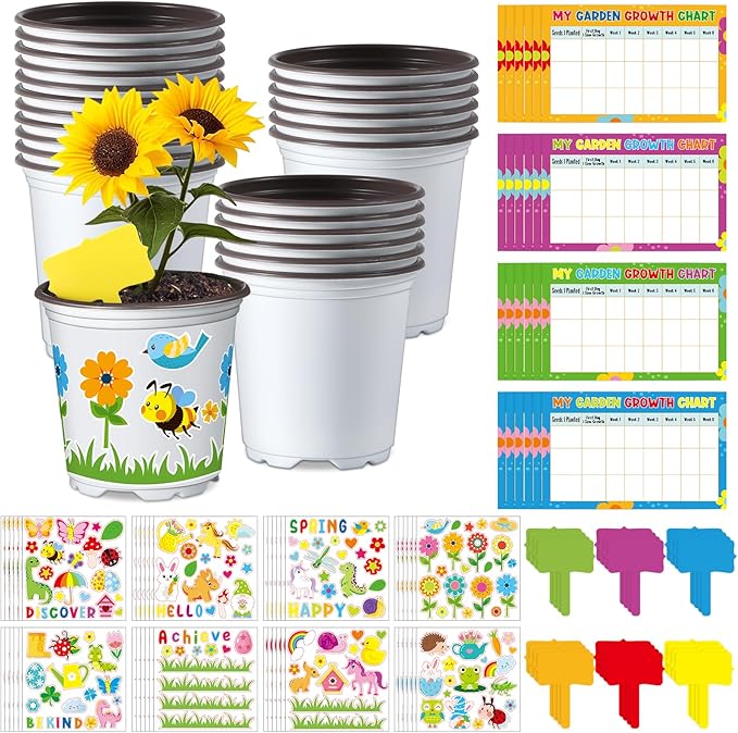 Capoda 48 Sets Garden Flower Pots Crafts Kit DIY Spring Plastic Seedling Nursery Pots with Stickers Plant Labels Growth Charts Planting Growing Tools Classroom Activities Project Gifts (Round)