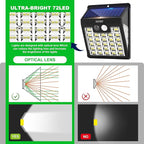 Solar Lights Outdoor, 72 LED Motion Sensor Wall Light, IP65 Waterproof and 3 Lighting Modes, Solar Powered Security Wireless Light Outside for Patio, Garden, Fence, Porch, Front Door (4 Packs)