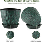 7 inch Plant Pots for Indoor Outdoor Plants, 5 Pack Thick Flower Pots with Drainage Holes and Saucers, 3D Modern Wave Texture Plastic Planter Nursery Pots, Black with Green Speckles