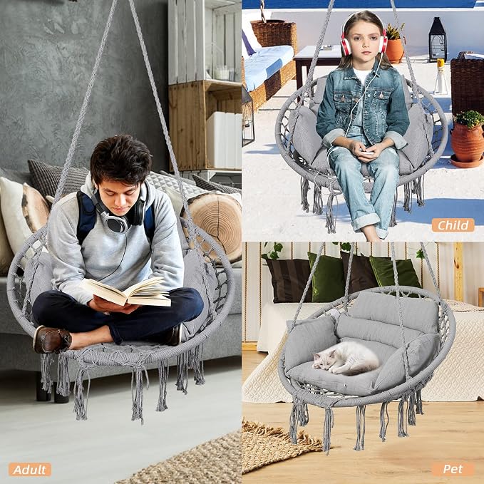 Hanging Macrame Hammock Chair with Cushion in Light Grey
