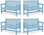 SERWALL Outdoor Bench, HDPE Outdoor Benches Weatherproof, 2-Person Garden Bench with 660 lbs Weight Capacity, Patio Benches for Outdoors, Garden, Porch, Backyard and Park, Light Blue, 4 Pack