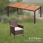 Devoko Outdoor Patio Dining Sets 9 Pieces Wicker Outdoor Dining Table and Chairs Set with Acacia Wood Table Top and Widened Armrests for Backyard, Garden, Deck (Brown)