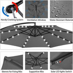 Yaheetech 10FT Solar Offset Umbrella with 32 LED Lights Cantilever Hanging Outdoor Umbrellas Handy Crank & Cross Base for Lawn/Deck/Backyard/Pool Gray