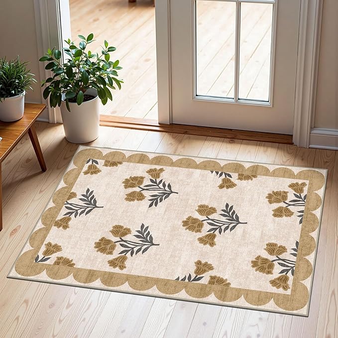 Outdoor Rug, 2 x 3 ft Floral Scalloped Edge Entry Mat in Beige
