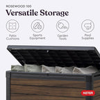 Keter Rosewood 100 Gallon Resin Deck Box Organization and Storage for Patio Furniture Outdoor Cushions, Throw Pillows, Garden Tools and Pool Toys