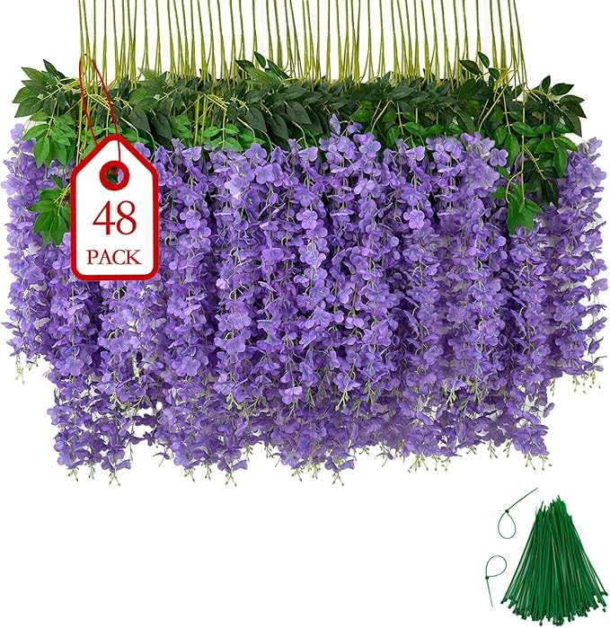 Artificial Wisteria Flowers, 48 Pack Light Purple Hanging Vines