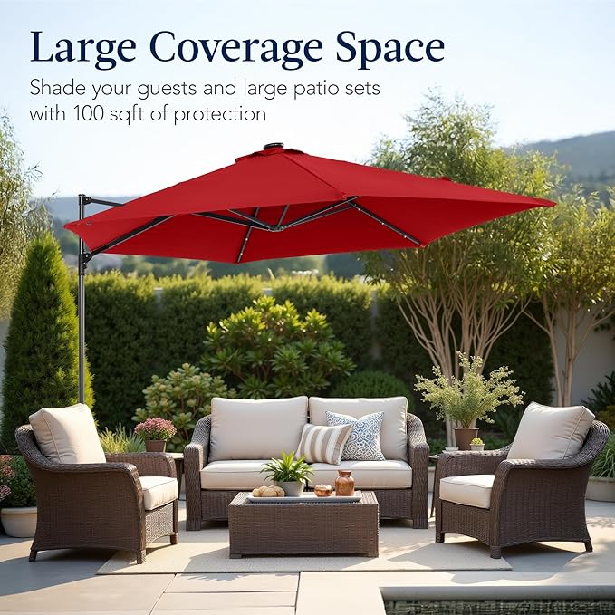 Best Choice Products 10ft Solar LED Offset Cantilever Hanging Market Patio Umbrella, Smooth 360° Rotation, 8 Sturdy Ribs, Easy Adjustment - Red