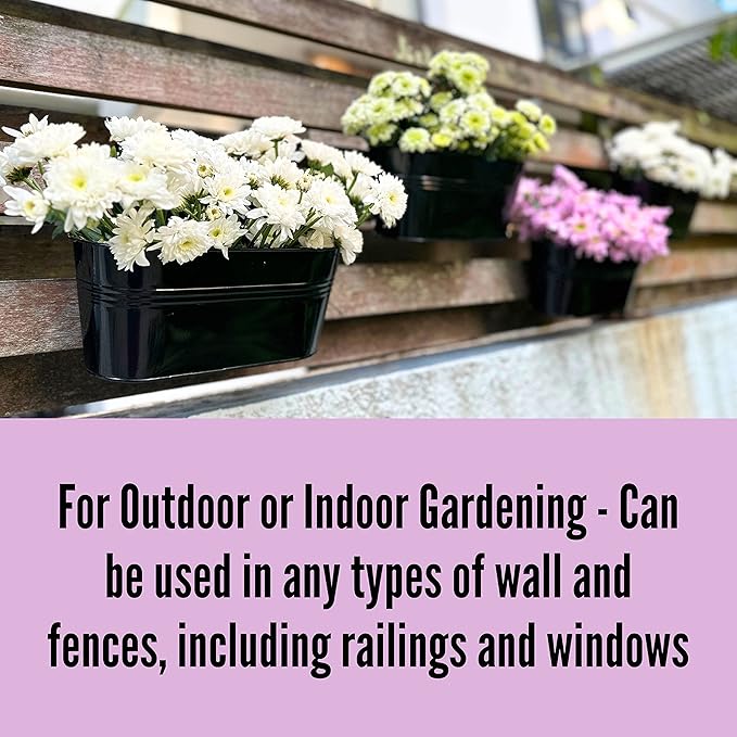 LaLaGreen Rail Planter Outdoor Plants(11.8 Inch, 8 Pack) Black Metal Iron Hanging Flower Pots Deck Railings Fence Buckets Modern Countryside Boho Style Wall Mount Window Box Plant Holder Porch Decor