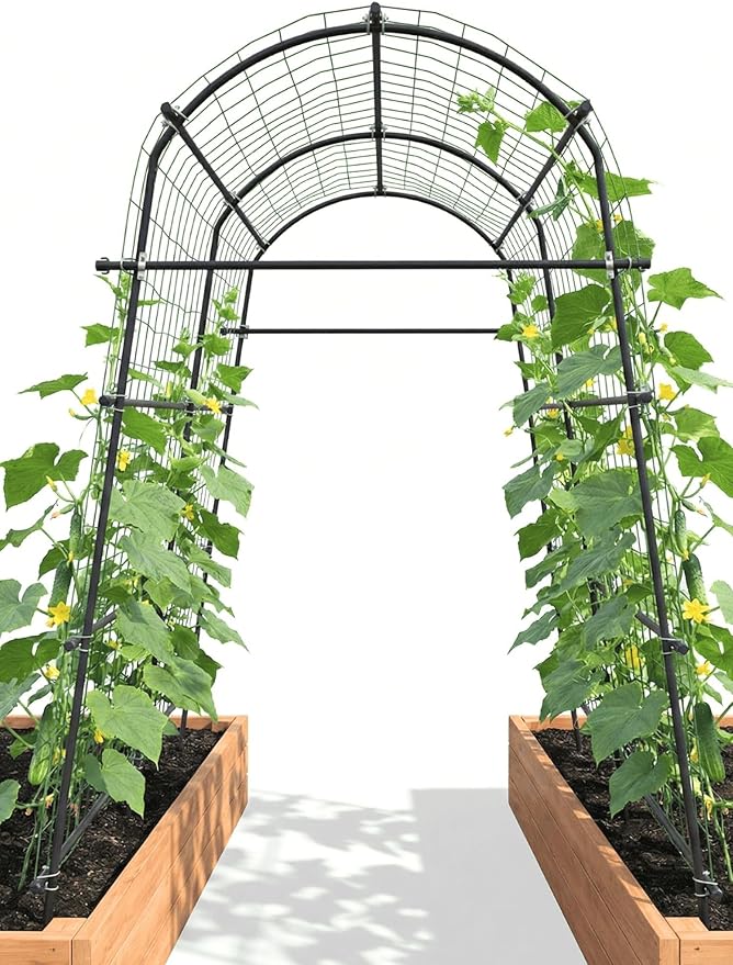 7ft Garden Arch Trellis for Climbing Plants Outdoor-Heavy Duty Metal Cucumber Trellis for Raised Beds- Tall Steel Vegetable Arbor with Strong Bolt Assembly & Outdoor-Ready Stakes