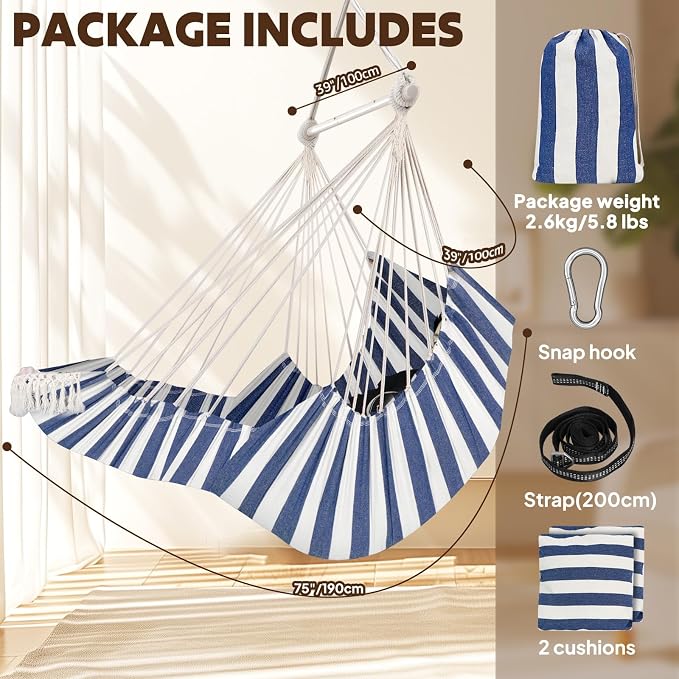 Hammock Chair with Foot Rest, Blue and White Stripe Cotton, 500 lb Limit
