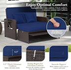 HAPPYGRILL Patio Rattan Wicker Daybed with Loveseat & Storage Ottoman, Outdoor Lounge Sofa Furniture Set with Adjustable Backrest & Side Trays, for Poolside Deck Porch Lawn (Mix Brown & Navy)