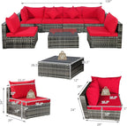 Tangkula 7 Pieces Wicker Patio Furniture Set, All-Weather Outdoor Rattan Sectional Sofa Set with Cushions & Tempered Glass Coffee Table, Outside Sofa Set for Garden, Lawn, Deck, Backyard (Red)