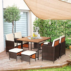 Tangkula 9 Pieces Patio Acacia Wood Table and Chairs Set with Umbrella Hole, Outdoor Space Saving Outdoor Dining Set,for Garden,Yard,Poolside