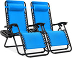 Best Choice Products Set of 2 Adjustable Steel Mesh Zero Gravity Lounge Chair Recliners w/Pillows and Cup Holder Trays - Light Blue