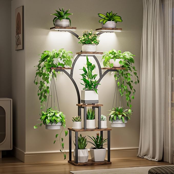Elbourn Plant Stand Indoor with Grow Lights - 60" Tall Metal Plant Shelf for Multiple Plants, 8 Tiered Corner Plant Stands for Indoor Plants, X - Shaped Decorative Rack for Home, Living Room & Patio Decor (Brown)