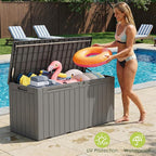 Devoko 100 Gallon Outdoor Storage Box, Waterproof Resin Deck Box for Patio Furniture, Lockable Container for Garden Cushions & Pool Supplies (Light Brown, 100 Gallon)