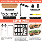 Riare 3 Pack 24 Inch Metal Railing Planter Window Box with Coco Liner- Adjustable Window Flower Boxes for Railings, Hanging Rail Planters for Deck, Balcony, Porch, Fence, Indoor Outdoor Plants