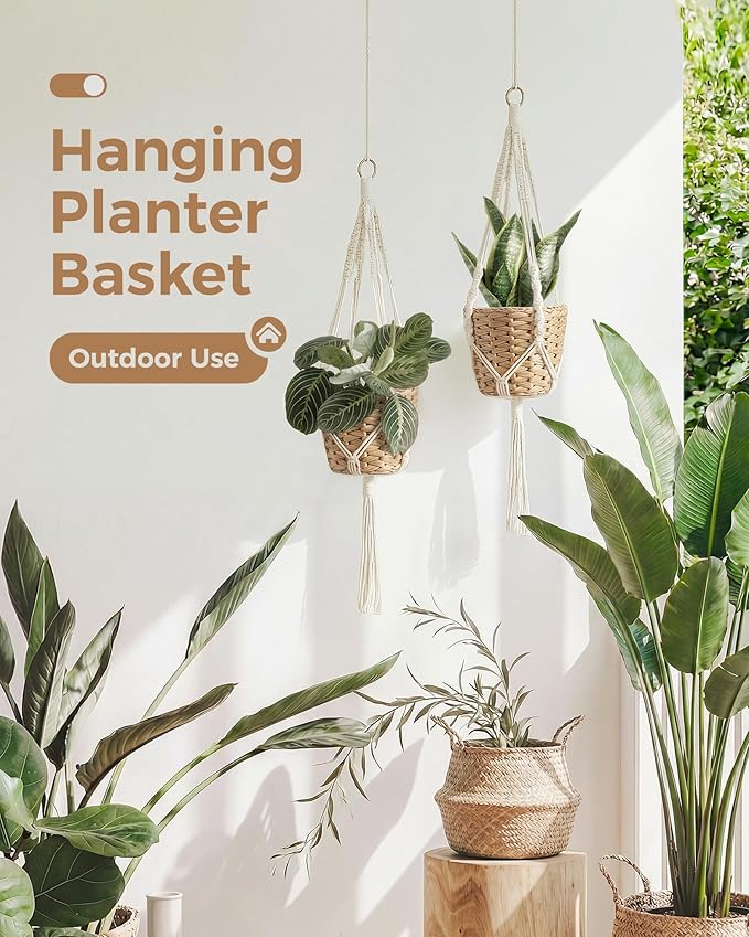 Bamworld Macrame Plant Hanger Indoor Hanging Planter for Plants Hanging Plant Basket Macrame Wall Hanging Planters Boho Decor Home Room Decor Aesthetic 36 Inches Ivory, Set of 2