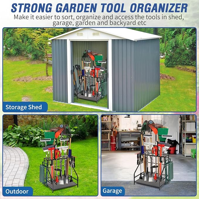 Garden Tool Storage Rack, Black Alloy Steel, Holds Up to 58 Tools