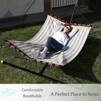 TegerDeger 12FT 2 Person Hammock Large Hammock Quick Dry 450LB Capacity with V Shaped Hardwood Spreader Bar & Nylon Rope for Outside, Patio, Garden, Backyard, Beach, Poolside - Beige Stripes