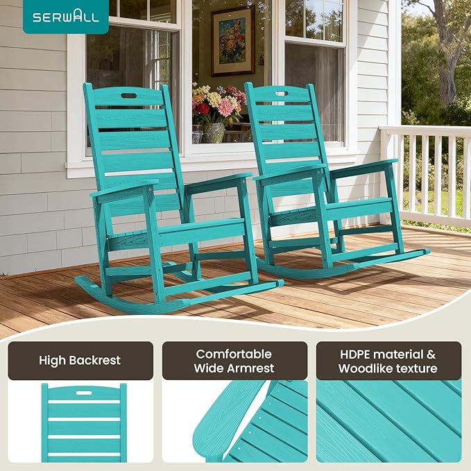 SERWALL Outdoor Rocking Chair Set of 2, Oversized Rocking Chair with Footboard for Adults, HDPE All Weather Resistant Rocking Chairs for Patio, 350lbs Weight Capacity,Aruba