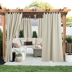 NICETOWN 2 Pieces Outdoor Curtainss Waterproof for Patio Clearance, Room Darkening Sticky Tab Top Thick Light Block Thermal Insulated Outdoor Drapes for Front Porch, Beige, W52 by L95