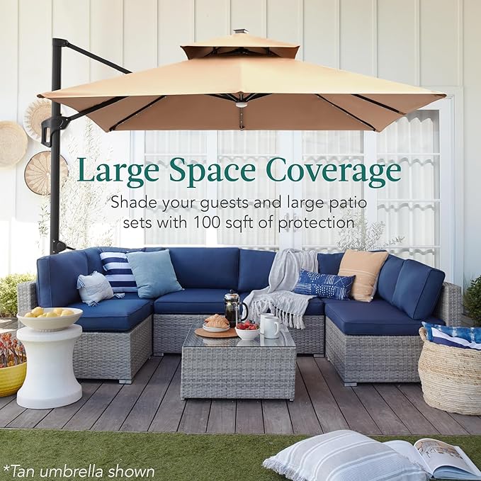 Best Choice Products 10x10ft Cantilever Patio Umbrella w/Base Included, Solar LED Lights 360 Rotation Large Offset Hanging Outdoor Shade for Deck Pool Backyard w/Stand – Slate