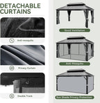 Aoxun 12FT X 16FT Hardtop Gazebo, Outdoor Pergolas with Mosquito Netting and Curtains, Galvanized Steel Double Roof Permanent Aluminum Gazebo, for Gardens, Decks, Patios, Parties