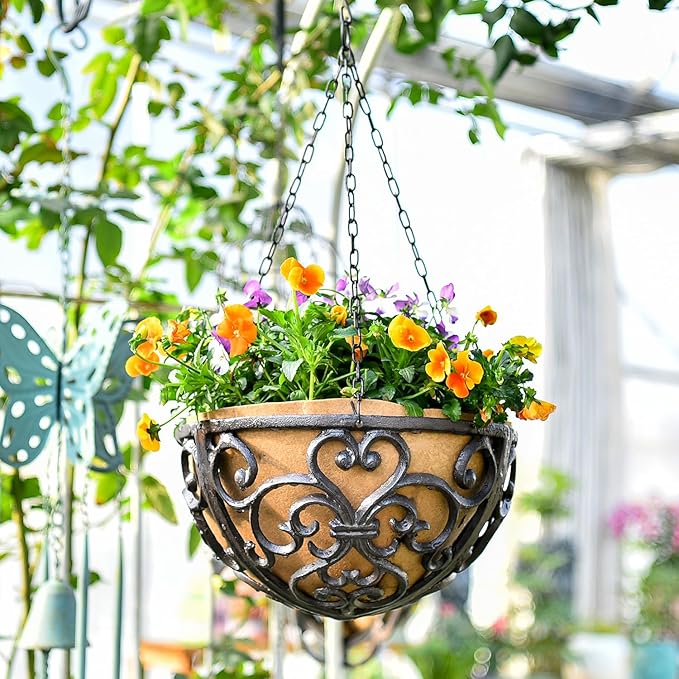 Hanging Planters, 2-Pack Rustic Brown Cast Iron Baskets with Fiber Liner