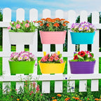 Foraineam 6 Pack Hanging Flower Pots, Metal Iron Plant Pot Holders, Garden Pots Balcony Planters, Metal Bucket Flower Holders Wall Hanging Decor Pot with Detachable Hooks for Railing Fence Balcony