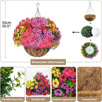 Artificial Hanging Flower for Outdoors, Fake Hanging Basket for Outside,1 Hanging Basket with 13 Pcs Faux Silk Flowers for Porch, Balcony and Patio Decor(Mixed)