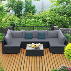 Tangkula 7-Piece Patio Furniture Set, Outdoor Sectional Sofa with Pillows and Cushions, Wicker Conversation Set with Coffee Table and Tea Table for Garden, Lawn (Grey)