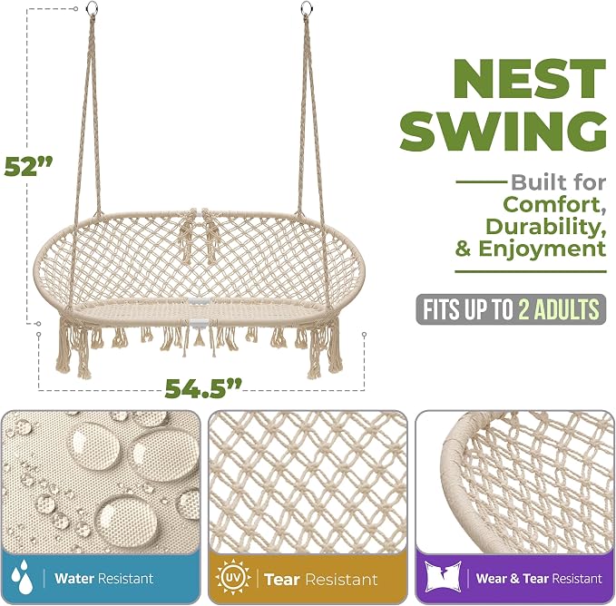 Hammock Chair in Beige Cotton Macramé, Double Swing, 450 lb Limit
