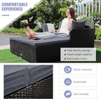 RELAX4LIFE Rattan Patio Outdoor Daybed, Wicker 2-Person Sunbed Loveseat with Soft Cushions, 4 Pillows, Curved Backrest & Armrest, Double Bed Lounger Sofa Set for Balcony Porch, Patio Bed (Grey)