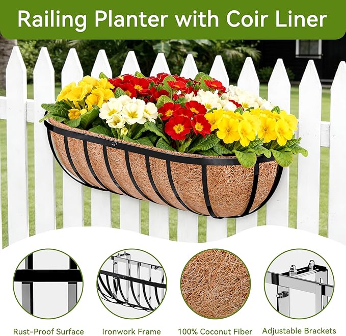 Halatool 2 Pack Heavy-Duty Metal Deck Railing Planter Box, 24 Inch Rust-Resistant Window Boxes Planters with Coco Liner & Adjustable Brackets, Grow More On Your Balcony, Patio & Fence