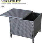 Outdoor Wicker Storage Side Table, Patio Grey PE Rattan End Table with Storage, Square Container for Furniture Covers, Toys, and Gardening Tools