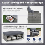HAPPYGRILL Patio Rattan Wicker Daybed with Loveseat & Storage Ottoman, Outdoor Lounge Sofa Furniture Set with Adjustable Backrest & Side Trays, for Poolside Deck Porch Lawn (Mix Grey & Grey)