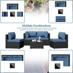 Shintenchi 5 Pieces Outdoor Patio Sectional Sofa Couch, PE Wicker Furniture Sets, Patio Conversation Sets with Washable Cushions Glass Coffee Table for Garden, Poolside, Backyard, Aegean Blue
