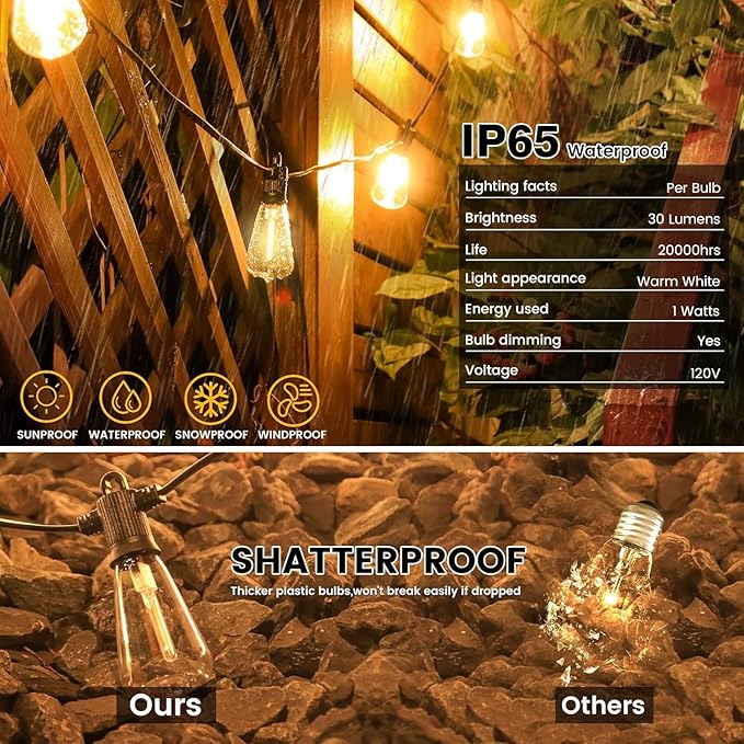 String Lights 200 FT Edison-Style, 100 Shatterproof Bulbs, IP65 Waterproof
