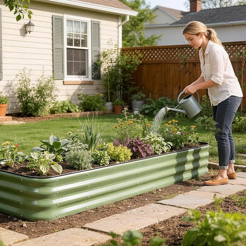1MORE Raised Garden Bed -8X2X1 Galvanized Planter Box for Outdoor Gardening,5 in 1 Modular Raised Bed Kit with Protective Tape, Gloves for Herb,Ideal for Vegetables and Plants.Green-2pack