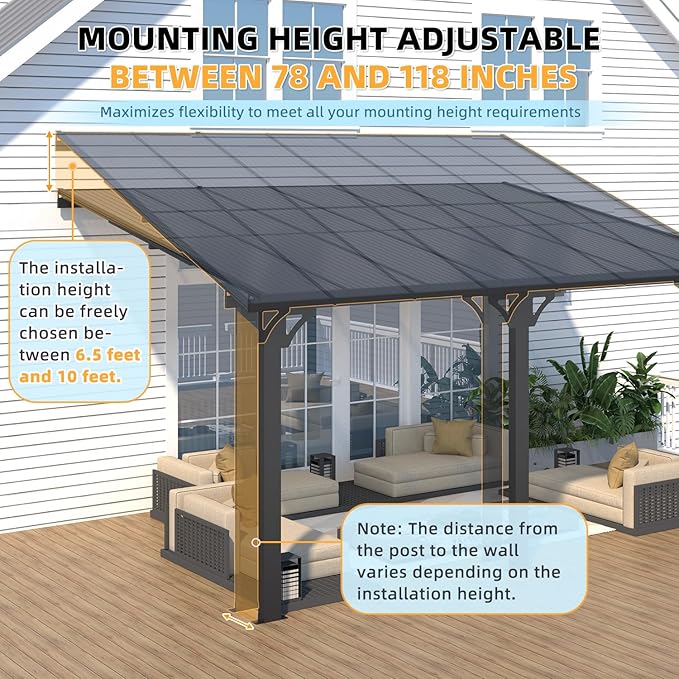 AECOJOY 10' x 14' Adjustable Height Outdoor Lean to Gazebo Pergola for Patio, Large Wall-Mounted 6.5-9.8 Ft Hard Top Metal Heavy Duty Metal Awnings Shelter Pergolas and Gazebos Clearance with Roof
