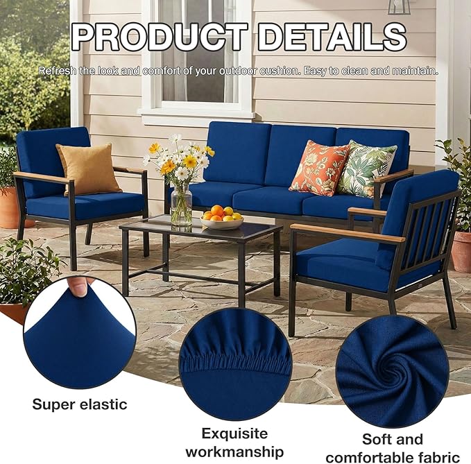Cushion Covers 4-Piece Navy Stretch Patio Set with Anti-Slip Straps