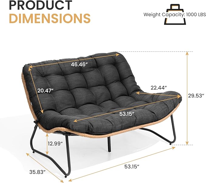 Crestlive Products Outdoor Loveseat 3PCS, Outdoor Sofa Set, All-Weather Boho Rattan Patio Furniture with Soft Cushion for Deck, Balcony, Poolside, Backyard (Without Table)