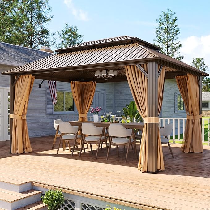 Aoxun 12x16FT Gazebo Outdoor Hardtop Pergolas with Mosquito Netting and Curtains Large Gazebo with Galvanized Steel Double Roof for Gardens, Decks, Patios, Parties (Brown)