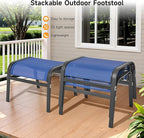 ONBRILL Outdoor Ottoman Set of 2, All Weather Outdoor Foot Stool with Supportive Textliene and Metal Frame, Stackable Oversized Outdoor Foot Rest for Furniture Patio Garden Pool, Blue