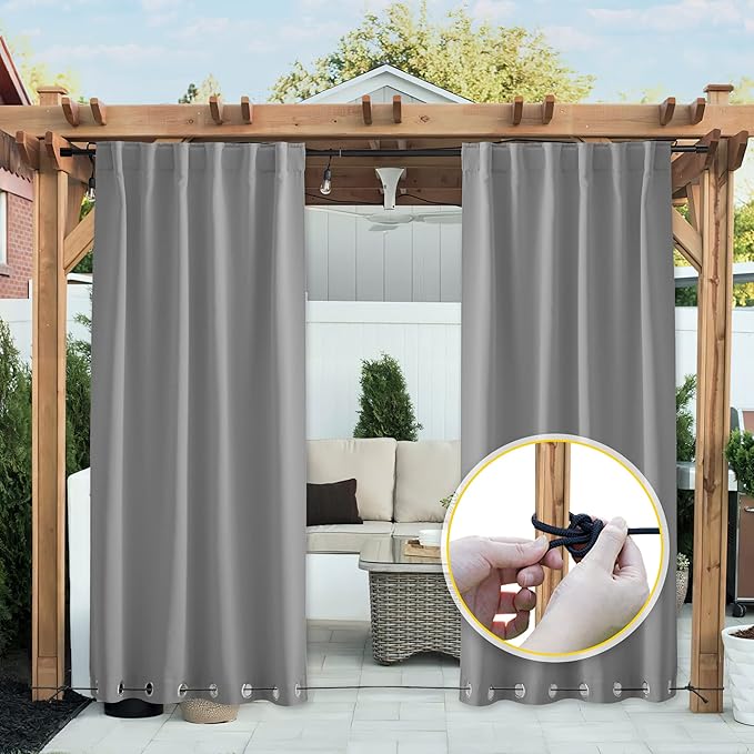 NICETOWN 2 Panels Waterproof Outdoor Curtains Fixed Grommet & Back Tab on Top & Bottom, Thermal Insulated Keep Rain & Sun Out Blackout Windproof Outdoor Draperies with Rope, W52 x L72, Silver Grey